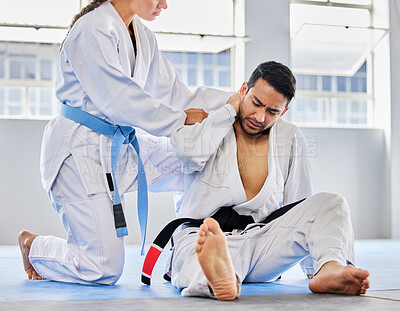 Buy stock photo Karate, neck pain and man with an injury in sports training, exercise or body workout hurt in an accident. Problem, emergency and injured martial arts expert or athlete with muscle pain or bruise