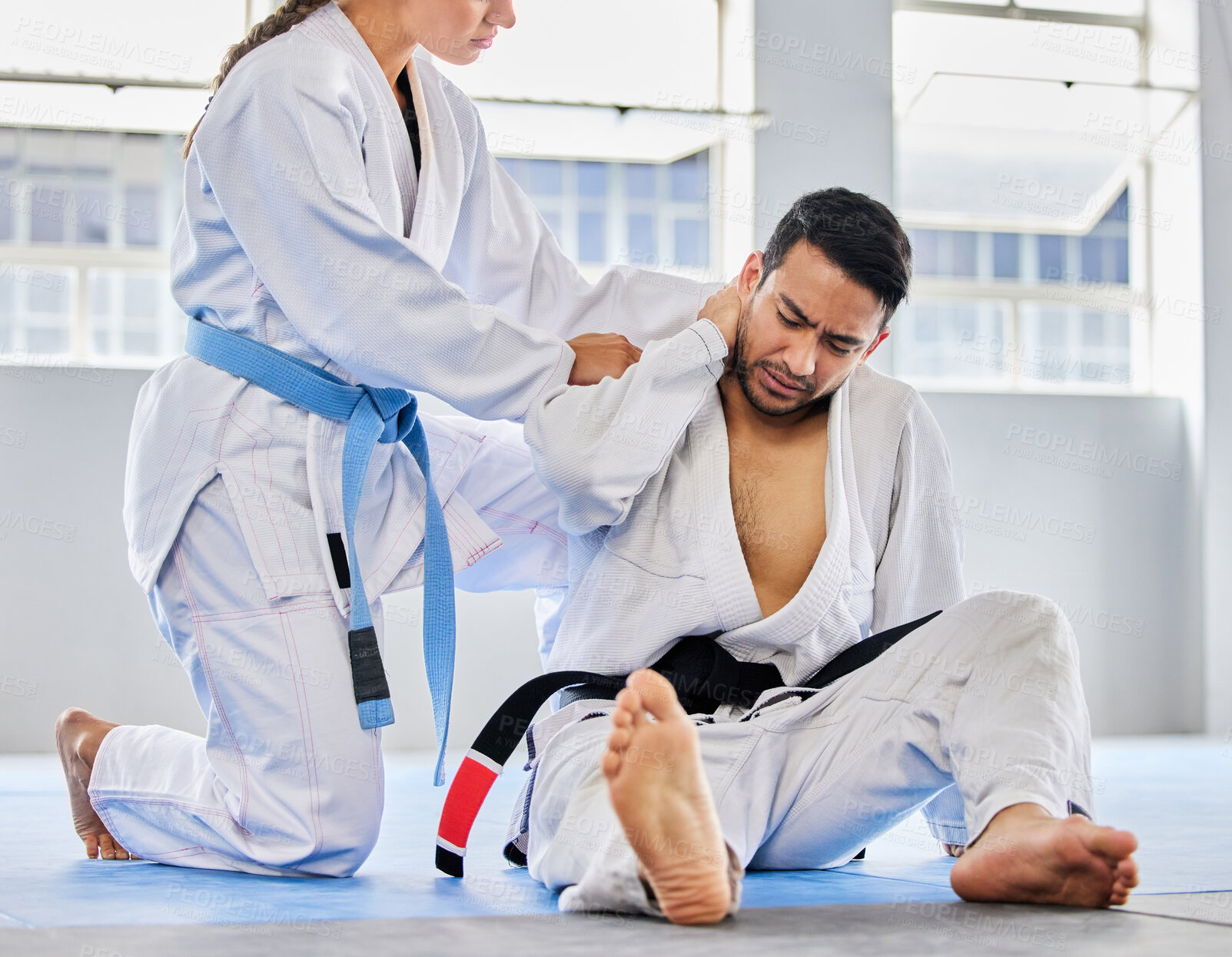 Buy stock photo Karate, neck pain and man with an injury in sports training, exercise or body workout hurt in an accident. Problem, emergency and injured martial arts expert or athlete with muscle pain or bruise
