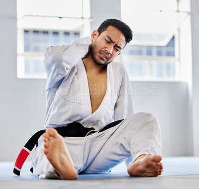 Buy stock photo Karate, sports injury and neck pain in health gym for healthcare, medical accident and exercise training emergency. Fitness athlete, martial arts wellness and workout burnout in health club floor