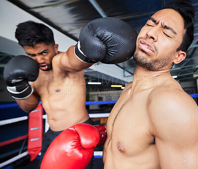 Buy stock photo Fitness, exercise and boxing match, punch or knock out in ring. Healthcare, sports or boxers, athletes or fighters fighting in competition, training or workout for wellness in gym or fitness center.