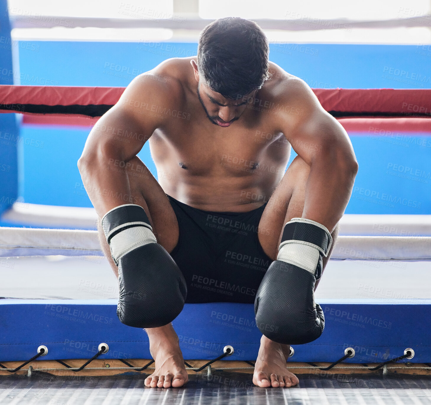 Buy stock photo Boxer, martial arts and man tired and sad after boxing or sports competition mistake, failure or stress, anxiety and depression pre workout. Athlete man worried about exercise or fight at boxing ring