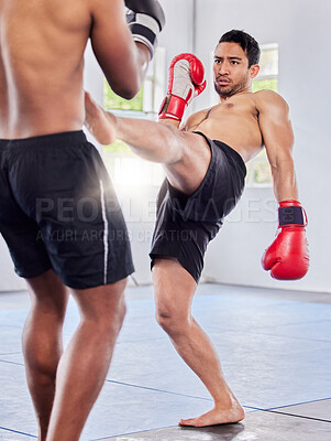 Buy stock photo Fitness, kickboxing and mma training, exercise and fight workout in gym with men, gloves and power kick. Fight, athlete or martial arts, coaching or fighting in cardio sports or studio class together