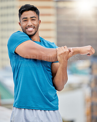 Buy stock photo Fitness, exercise and stretching with a sports man doing a warm up before a workout or training routine. Portrait, health and stretch with a male athlete getting ready for a cardio run outdoor