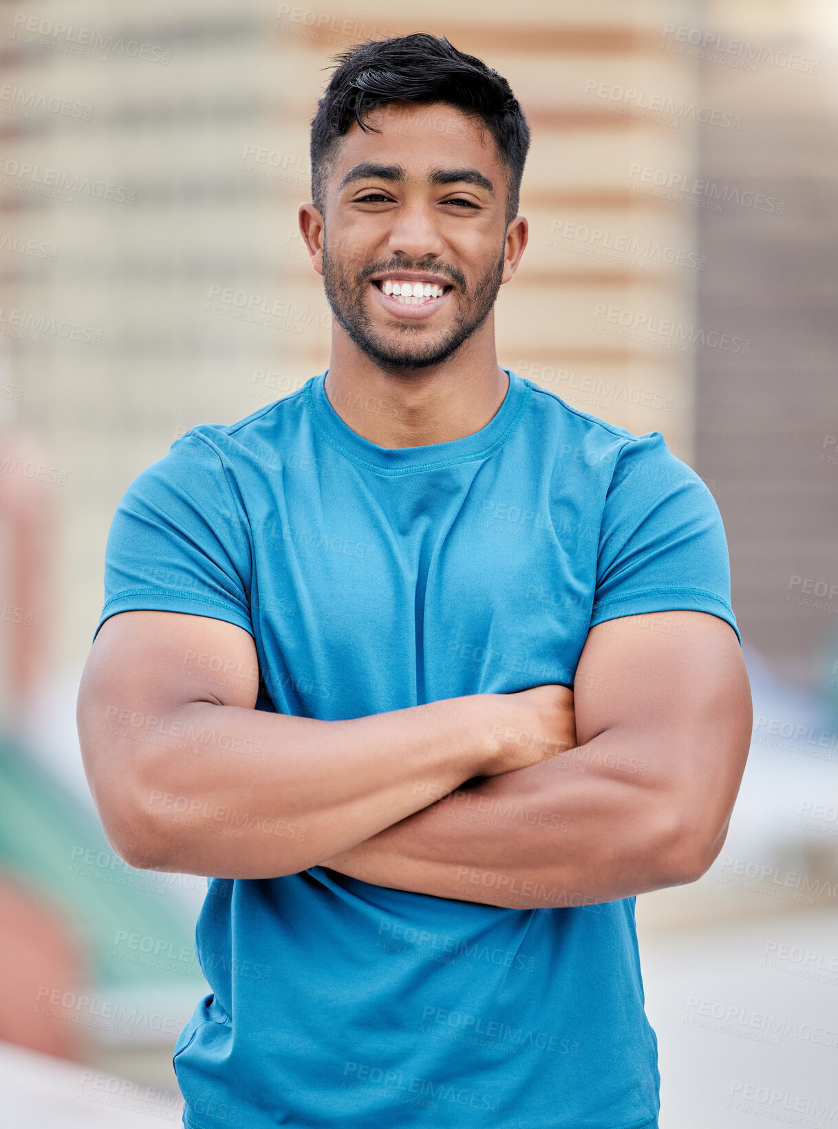 Buy stock photo Fitness, exercise and portrait of a sports man standing arms crossed outdoor with a smile on his face. Workout, health and happy with a male athlete training outside for cardio or strong muscles