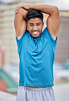 Fitness, exercise and portrait of a sports man standing arms crossed  outdoor with a smile on