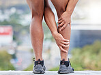 Man, fitness and legs injury on outdoor run for sports marathon, exercise emergency or wellness accident. Athlete, healthy workout and cardio runner leg pain or calf muscle care in city street