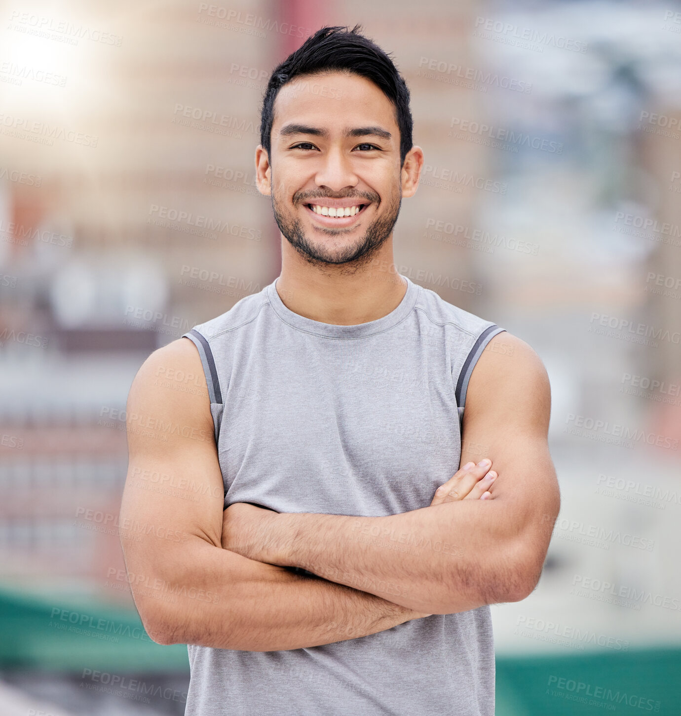 Buy stock photo Happy personal trainer, portrait of strong man and body goals for exercise motivation in Mexico. Young mexican coach with healthy lifestyle, outdoor gym for fitness training and sunshine lens flare