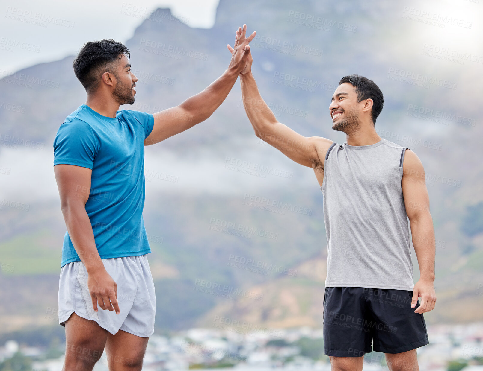 Buy stock photo High five, man and friends for outdoor fitness in summer, sport and happy by mountain. Teamwork, support and hands together in success, wellness or workout for health, goal or training in Cape Town