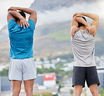 Arm stretching, fitness and friends in city for health or wellness. Back view, training and men, group or people warm up arms together getting ready for running exercise, workout or cardio outdoors