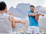 Stretching, fitness and friends ready for running on a mountain, training and marathon in nature. Health, happy and athlete men with a warm up before exercise, sports and workout in the mountains