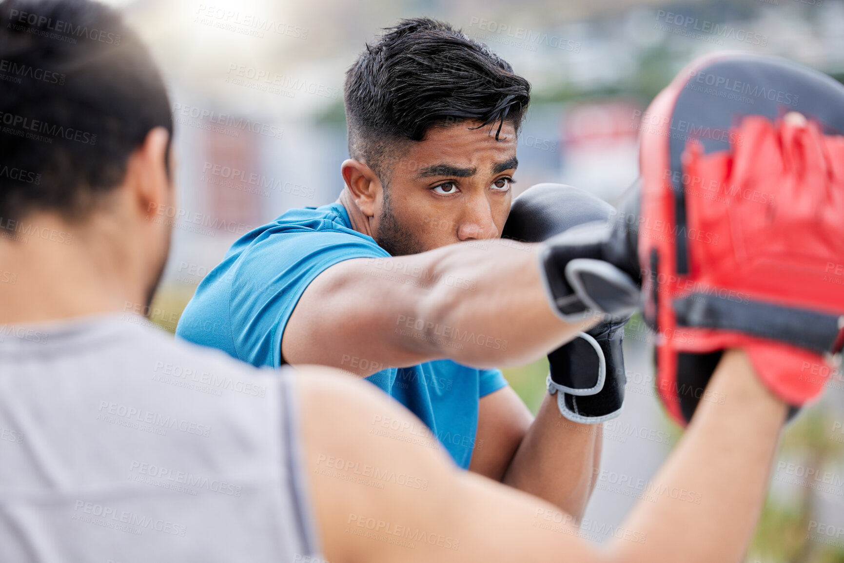 Buy stock photo Boxing, fitness and athlete with personal trainer, men together, fight training for exercise and boxer gloves. Combat sport, defense and skill development with workout outdoor, health and cardio.