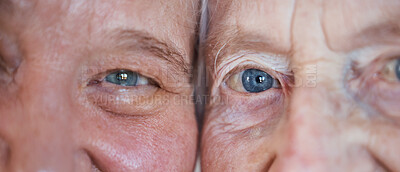 Buy stock photo Face, eyes and love with a senior couple closeup inside enjoying retirement while spending time together. Blue eyes, vision and wrinkles with a mature man and woman bonding during a loving moment