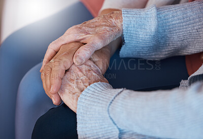 Buy stock photo Holding hands, love and support in trust for elderly care, retirement or hope and respect at old age home. Senior hands touch in care, praying or comfort for help, reliable or community healthcare