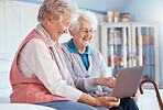 Senior women, friends and laptop in home for social media, watching movie or video call. Tech, computer and happy elderly retired females streaming video or internet browsing while talking together.