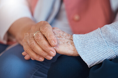 Buy stock photo Elderly woman, holding hands and close up of support, care and trust relationship bonding together. Love, friends relax and gratitude for senior friendship, kindness and solidarity in nursing home