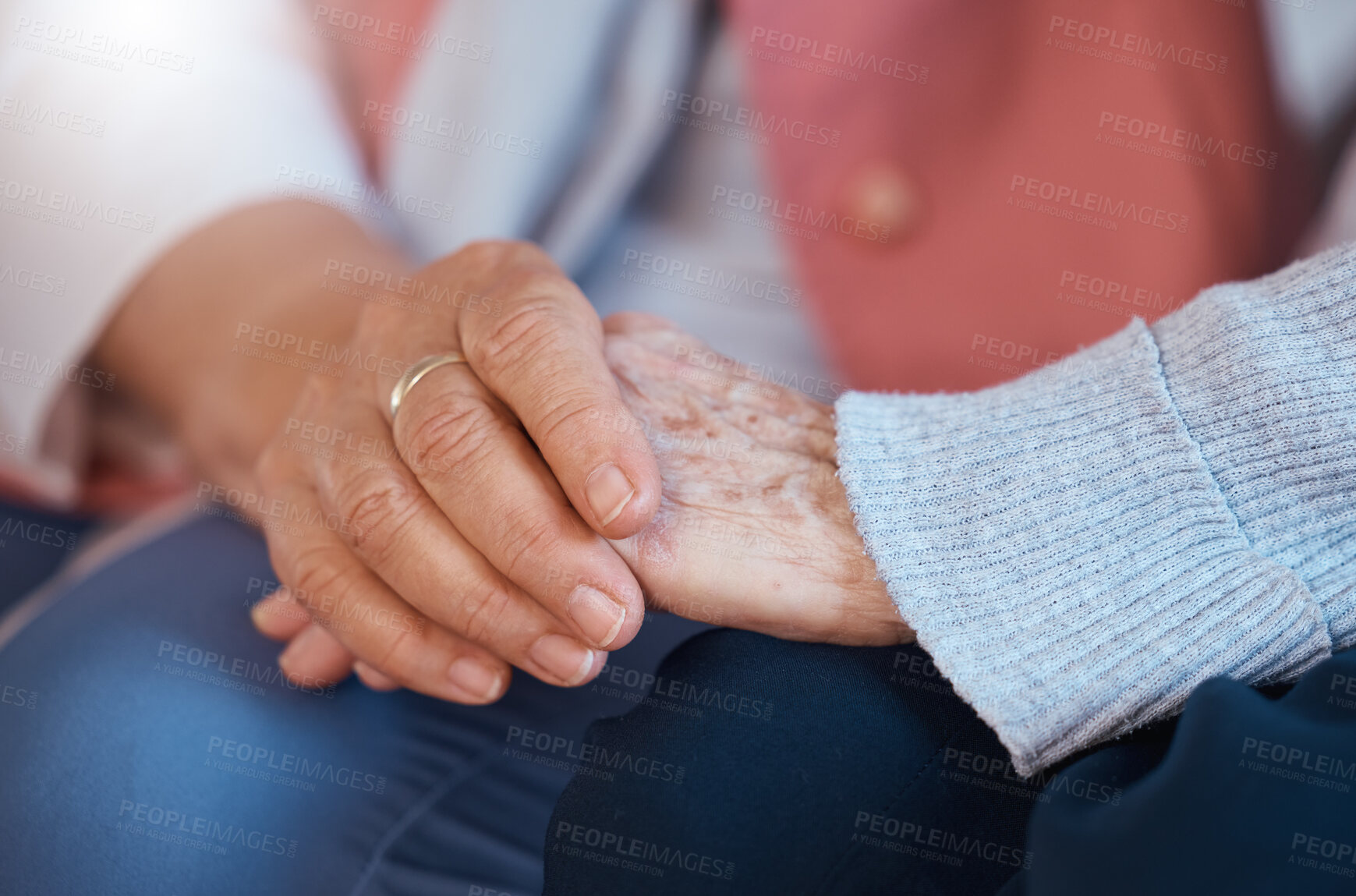 Buy stock photo Elderly woman, holding hands and close up of support, care and trust relationship bonding together. Love, friends relax and gratitude for senior friendship, kindness and solidarity in nursing home