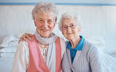 Buy stock photo Senior woman and friends portrait in retirement nursing home with care, friendship and friend love. Happy, woman and elderly people hug with a smile on a mature care bedroom bed with happiness