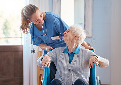 Buy stock photo Nurse, home and elderly woman with a disability in a wheelchair in medical nursing facility. Happy, healthcare and doctor helping and talking to disabled senior lady in retirement house in Australia.