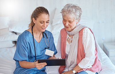 Buy stock photo Doctor, tablet and elderly patient in checkup, consultation or visit at home for diagnosis or prescription. Healthcare nurse holding touchscreen showing consultation exam or insurance in elderly care