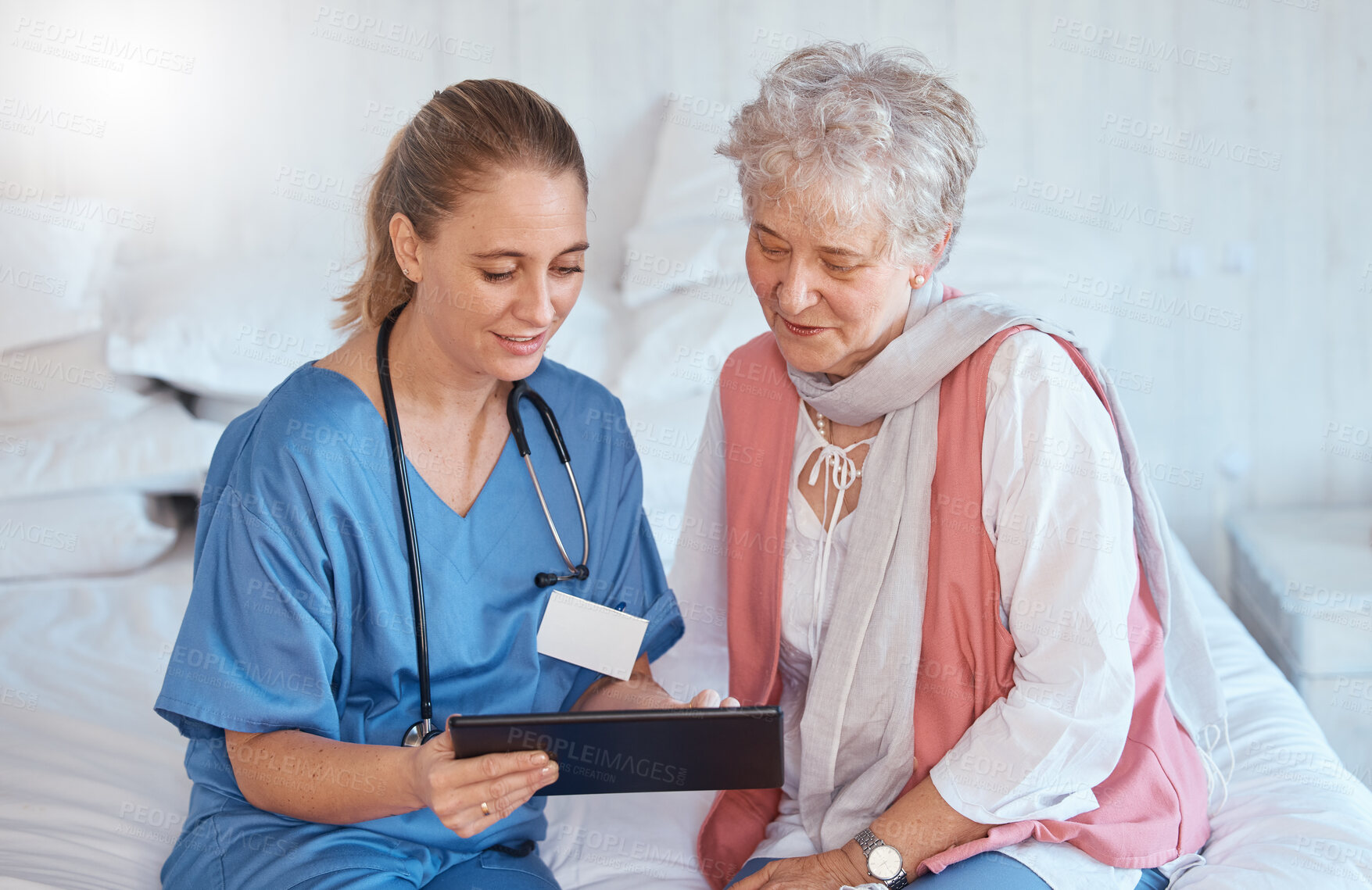 Buy stock photo Doctor, tablet and elderly patient in checkup, consultation or visit at home for diagnosis or prescription. Healthcare nurse holding touchscreen showing consultation exam or insurance in elderly care