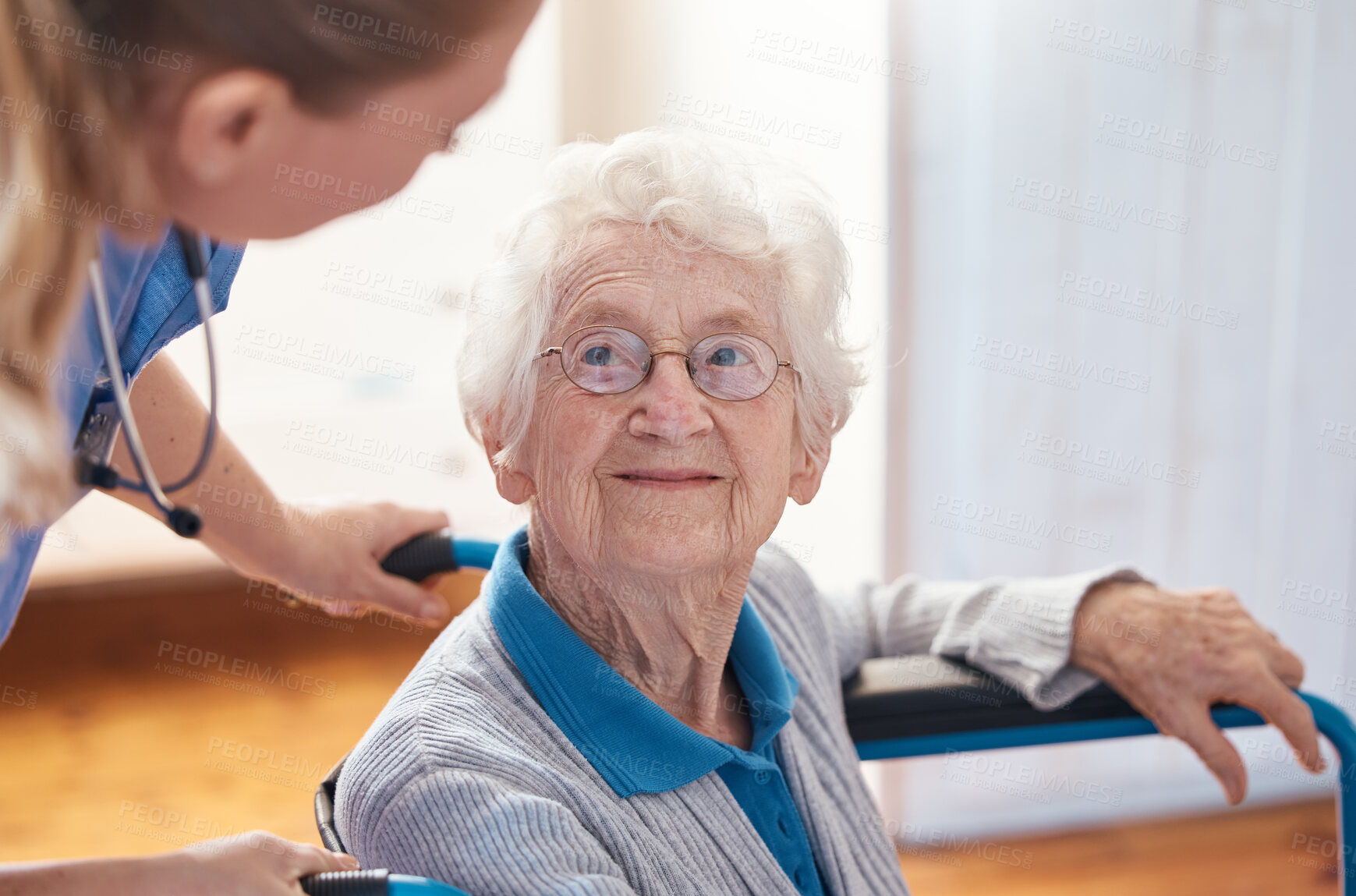 Buy stock photo Disability, nursing and senior woman with a doctor for care, consultation and medical help at a hospital. Healthcare, communication and elderly patient in a wheelchair with a nurse in a home