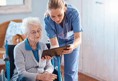 Buy stock photo Nursing home, woman or doctor with tablet checking medical results, chart online or social media. Healthcare, tech and nurse caregiver help consulting with elderly patient in living room or bedroom