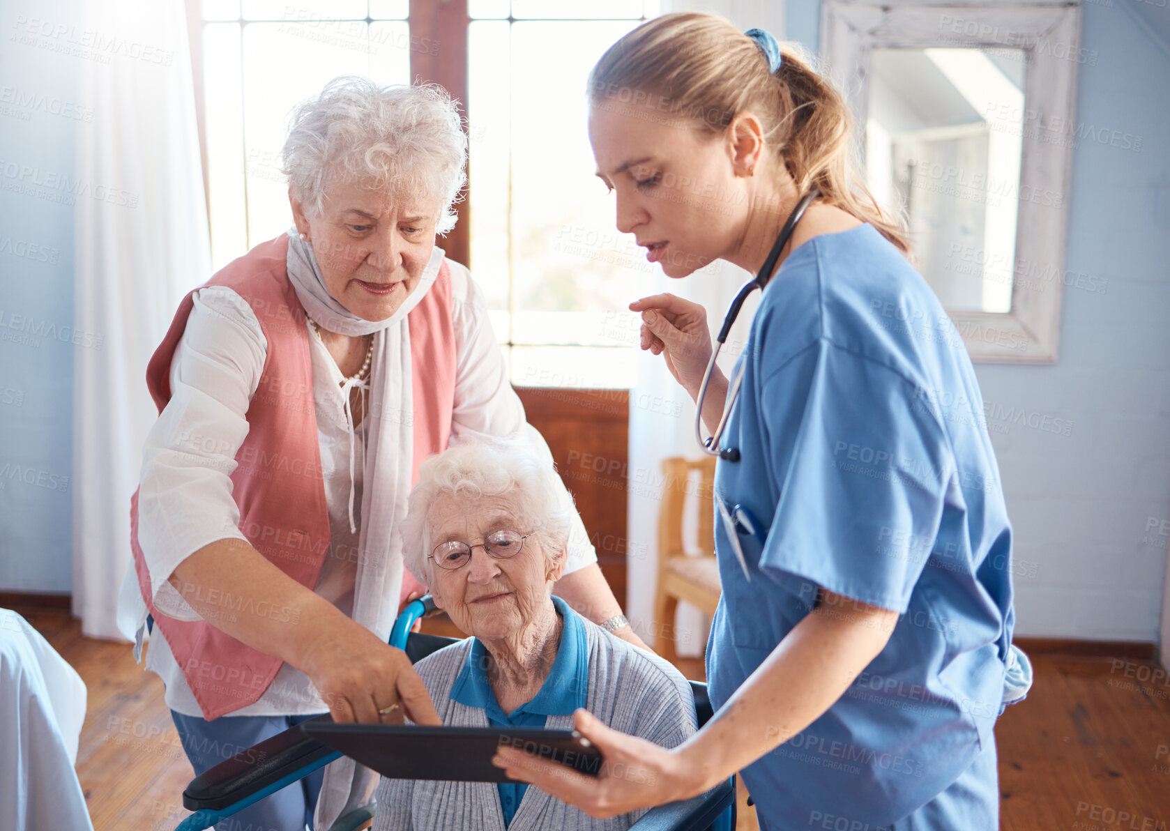 Buy stock photo Doctor, tablet and visit for elderly care, consultation or healthcare diagnosis at old age home. Nurse or medical therapist working with touchscreen helping or consulting senior patient in wheelchair