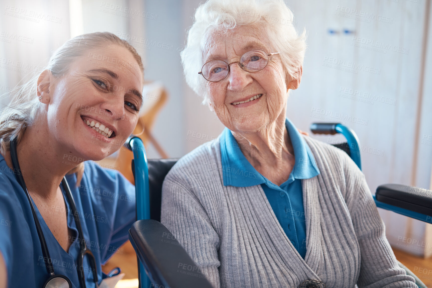 Buy stock photo Nurse, portrait smile and medical for elderly care, retirement home or visit from doctor for appointment or checkup. Happy senior woman smiling with healthcare professional for therapy exam at clinic