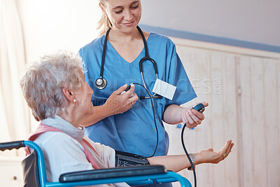 Buy stock photo Senior woman, happy doctor or blood pressure for healthcare, medical wellness or wheel chair check in hospital. Smile, medicine or nurse caregiver in nursing home to trust, disability help or support