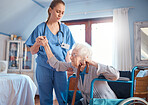 Disability, woman in wheelchair and bedroom with nurse or doctor helping in retirement or nursing home. Senior care, disabled grandma and healthcare, girl caregiver, support and help out of chair.