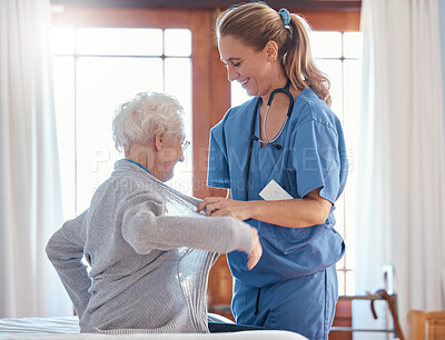 Buy stock photo Nurse, healthcare and senior woman in nursing home with physician helping her dress up. Disability, rehabilitation and female medical worker with retired patient in home with care, empathy or support