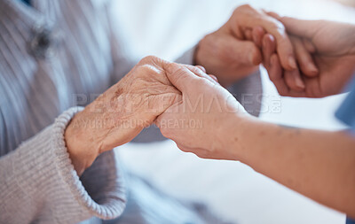 Buy stock photo Elderly woman hands, support and holding healthcare worker for medical care or help walking. Retirement care, senior person and holding hands for volunteer caregiver service in health community