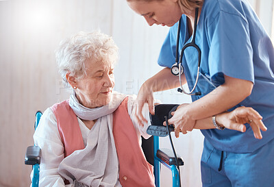 Buy stock photo Disability, monitor and old woman with a nurse for blood pressure check in a medical healthcare hospital. Wheelchair, doctor and caregiver helping a sick elderly person in a nursing home 