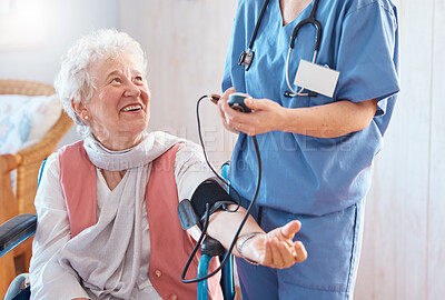 Buy stock photo Doctor, senior patient and blood pressure healthcare consulting in a retirement home. Medical support, professional caregiver and cardiology health consultation for elderly person in nursing home