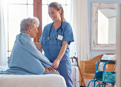 Buy stock photo Retirement, healthcare and old woman with nurse in bedroom for support, rehabilitation and disability. Help, medical and consulting with caregiver and elderly patient in nursing home for therapy