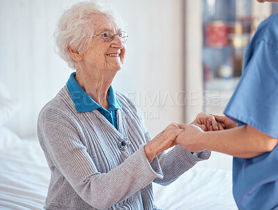 Buy stock photo Elderly woman, nurse holding hands and nursing home support with medical professional exam, retirement healthcare and retired lady. Senior rehabilitation center, hospital worker and consulting doctor