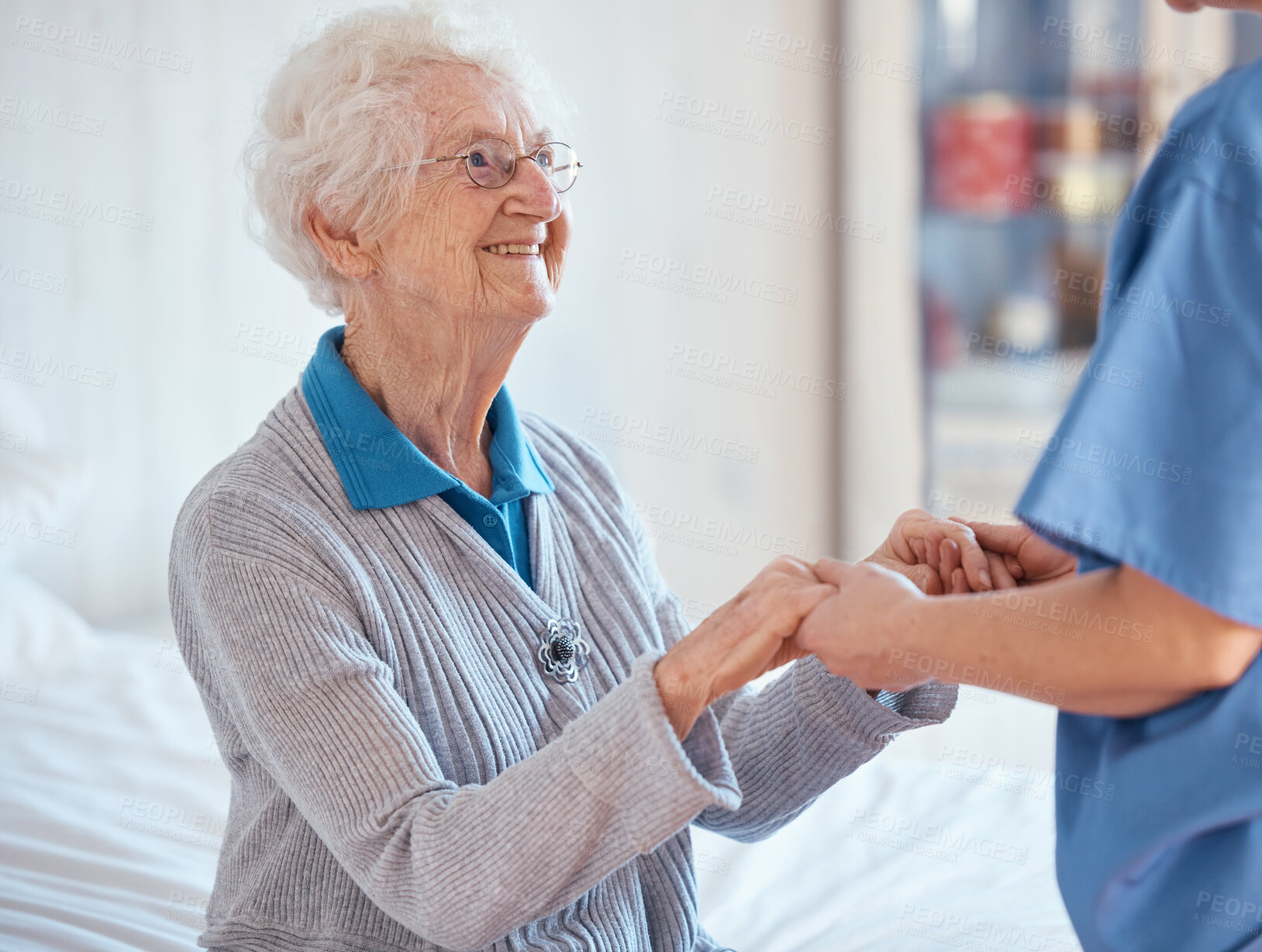 Buy stock photo Elderly woman, nurse holding hands and nursing home support with medical professional exam, retirement healthcare and retired lady. Senior rehabilitation center, hospital worker and consulting doctor