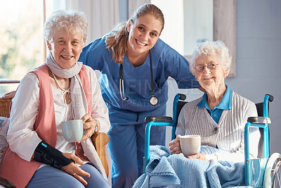 Buy stock photo Nursing home, portrait and nurse with senior women after a healthcare checkup, exam or consultation. Happy, medical and caregiver or doctor standing with elderly friends in the retirement facility.