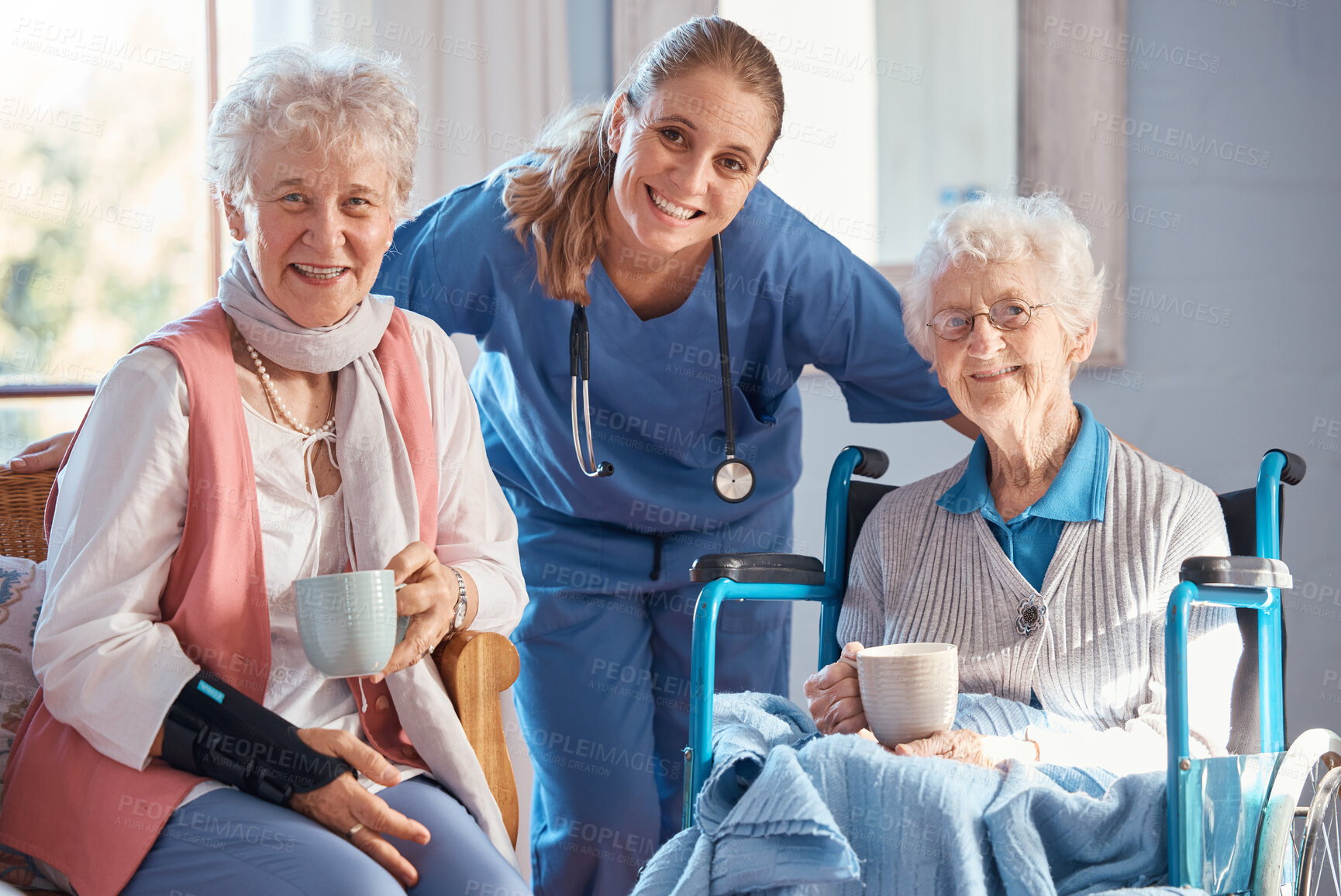 Buy stock photo Nursing home, portrait and nurse with senior women after a healthcare checkup, exam or consultation. Happy, medical and caregiver or doctor standing with elderly friends in the retirement facility.