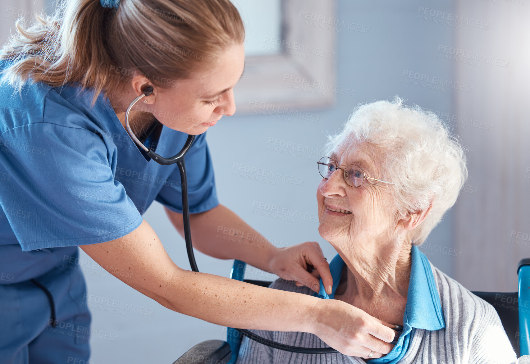 Buy stock photo Senior woman, nurse and stethoscope to check heartbeat, breathing and health of and elderly patient during nursing home or homecare consultation. Old woman with caregiver for healthcare at hospital