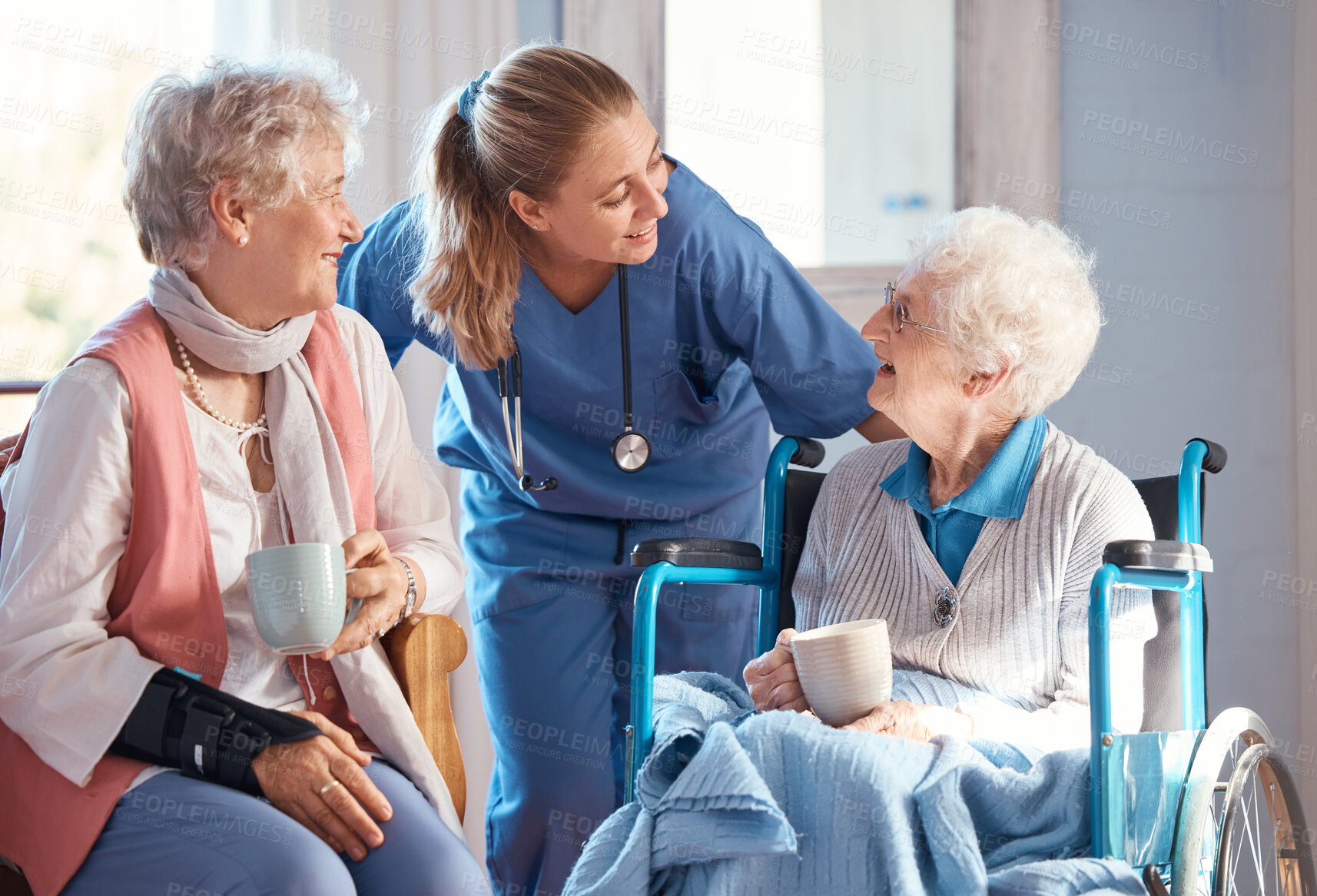 Buy stock photo Nursing home, care and nurse with senior women doing healthcare checkup, examination or consultation. Medical, conversation and elderly woman in wheelchair consulting a doctor at retirement facility.