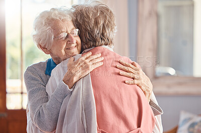 Buy stock photo Friends, comfort and senior women hug in nursing home for empathy, compassion and care. Love, support and elderly female best friends hugging, embrace and bonding to enjoy happy retirement together