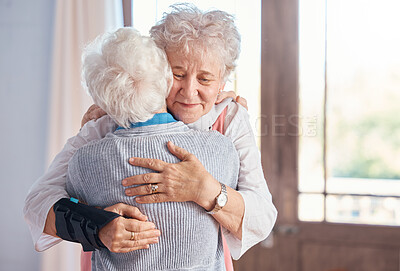 Buy stock photo Elderly women, hug and nursing home, friends and support, comfort and care, together with bond. Senior people hugging, retirement and love with friendship in retirement home and connection.