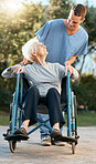 Healthcare, senior and wheelchair help of a woman with elderly nursing home nurse. Person patient with mobility disability happy with retirement caregiver nursing and helping for health care