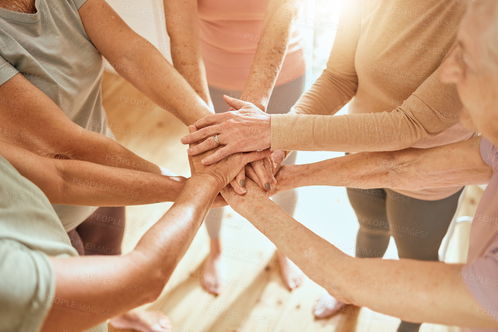 Buy stock photo Senior woman, hands together and teamwork in gym for support, collaboration and fitness friends or people. Group hand, exercise team and elderly women with goal, target and success with community