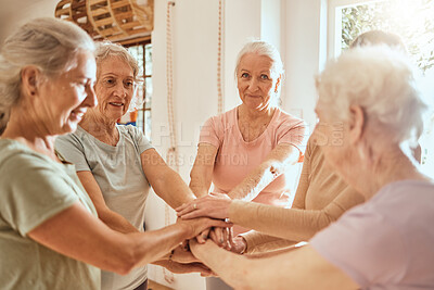 Buy stock photo Teamwork, senior and hands of women together in community support, solidarity and collaboration. Team building success, elderly friends and group of people united in celebration for retirement health