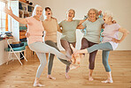 Friends, fitness and dance with a senior woman group having fun together in an exercise class. Gym, wellness and health with a mature female team training in a studio for an aerobic workout