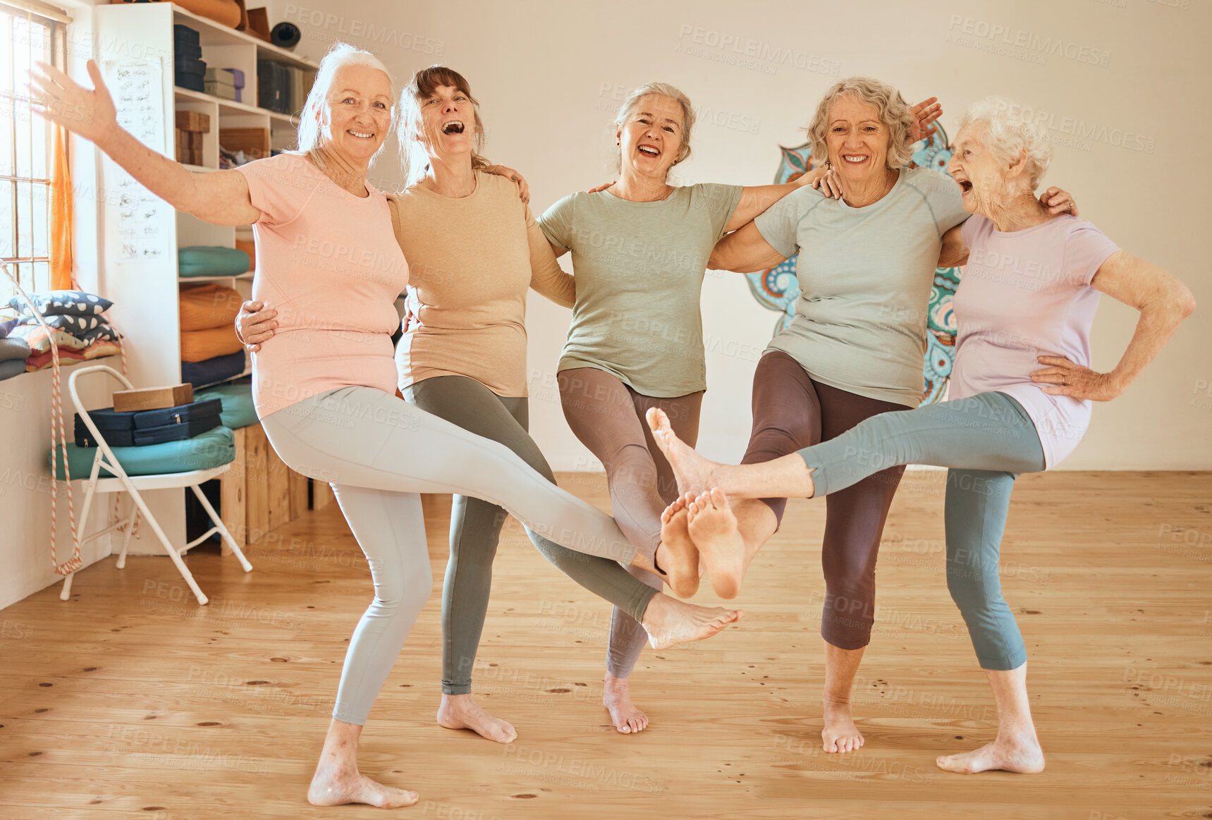 Buy stock photo Friends, fitness and dance with a senior woman group having fun together in an exercise class. Gym, wellness and health with a mature female team training in a studio for an aerobic workout