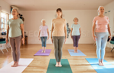 Buy stock photo Fitness, yoga and elderly women in a class to relax and start a calm, workout and peaceful meditation in a studio. Wellness, friends or zen senior people ready for mindfulness training and exercise