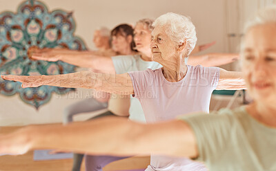 Buy stock photo Yoga fitness, class and senior women training for elderly wellness, health and retirement self care in pilates studio. Healthcare, body workout and calm group of people exercise for healthy lifestyle